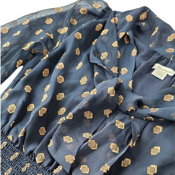 Shoshanna Dane Dress Womens Size 2 Long Puff Sleeve Semi-Sheer Black Navy Gold - Picture 8 of 15